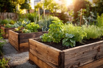 Vibrant raised garden beds filled with fresh herbs and vegetables in a sunny urban backyard during golden hour