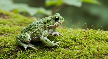 Obraz premium Detailed close-up of a green American Toad resting on a bed of vibrant, moss covered surface