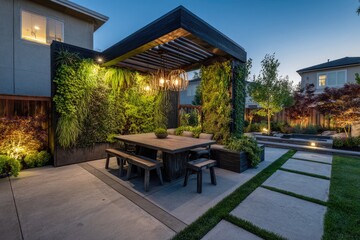 Obraz premium Outdoor dining area with lush greenery and ambient lighting in a cozy backyard at dusk