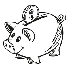 piggy bank and money black and white vector