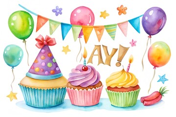 Watercolor Birthday Party Clipart – Cupcakes, Balloons, Party Hat & Garland Illustration