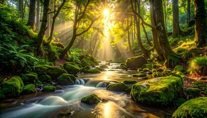 Obraz premium Lush forest stream bathed in golden sunlight, showcasing tranquil nature.