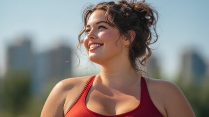 happy curvy woman doing workout routine outdoor at city park  focus on face no logos no brands ar 169