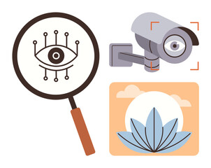 Magnifying glass with digital eye, surveillance camera, and serene nature scene. Ideal for monitoring, privacy, nature, security, observation artificial intelligence balance concept. Simple flat