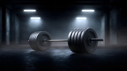 Hyperrealistic loaded barbell on industrial mat with chrome plates and chalk dust