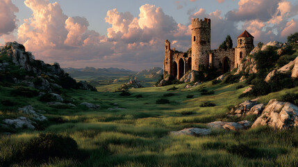 Fototapeta premium Ancient castle ruins on a green hill with a beautiful sunset sky AI Generated