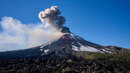 A powerful volcano erupts, spewing a massive plume of ash and smoke into the clear blue sky, with snow patches visible on its dark slopes and rugged volcanic rock in the foreground