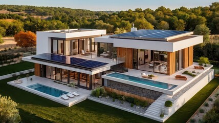 Fototapeta premium Modern villa with swimming pool and solar panels in a green environment