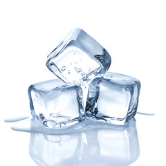 Three clear ice cubes stacked on top of each other with melting water droplets isolated on transparent background