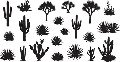 Cactus and desert plant silhouettes, black vector collection, agave, saguaro, yucca, succulent clipart, wild west botanical nature elements