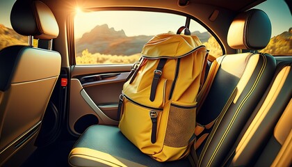 yellow backpack inside car on back seat travel concept