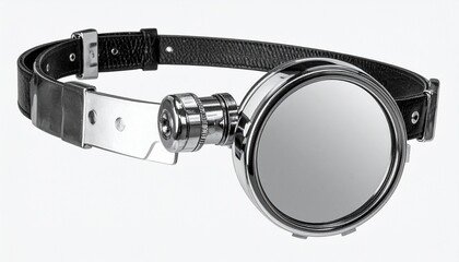 Flask bracelet made of stainless steel with a black leather strap isolated on a white background.
