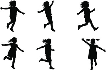Children running and walking silhouettes, playful kids, active poses, outdoor activity, sports, exercise, motion, energy, fun, youth illustration, movement