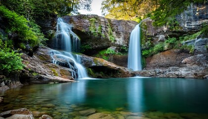 Fototapeta premium two waterfalls cascade down rocky cliffs into a calm pool