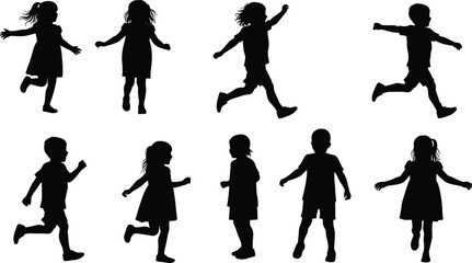Children silhouettes in various poses, running, walking, standing, playful kids, outdoor activity, sports, exercise, motion, energy, youth illustration