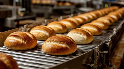 Premium photo of bakery loaves on conveyor belt.