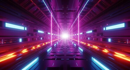 Abstract Geometric Neon Sci Fi Tunnel Perspective With Vibrant Light Rays
