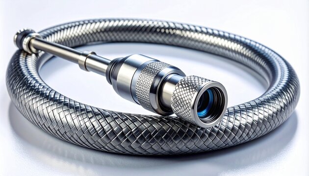 Hose with a stainless steel braided sheath and a metal connector. Industrial high pressure flexible pipe isolated on a white background.