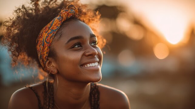 portrait of beautiful african american woman smiling and looking away at park during sunset outdoor portrait of a smiling black girl happy cheerful girl laughing at park with colored hair band no log