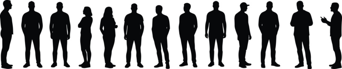 Human silhouettes in various poses, standing, gesturing, group of people, social interaction, body language, crowd illustration, posture reference, design element