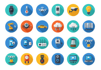 A collection of flat design icons representing various aspects of the Internet of Things (IoT) and smart technology.