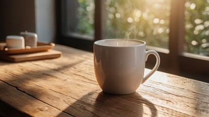A steaming cup of coffee sits on a wooden table by a sunlit window
