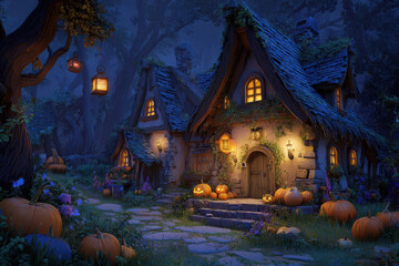 Fototapeta premium Enchanted Halloween village at night with pumpkins.