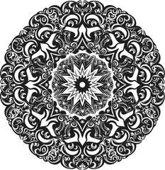 Intricate black and white mandala artwork, symmetrical circular pattern, detailed floral and geometric design, spiritual meditation art, decorative ornamental illustration