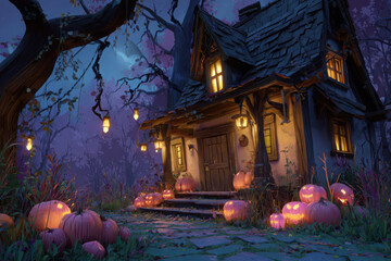 A spooky Halloween scene with a haunted house adorned with jack-o'-lanterns and glowing lanterns in a dark, misty forest.
