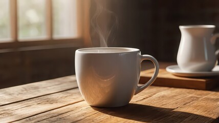 A steaming cup of coffee sits on a wooden table with sunlight shining through