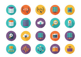 Collection of colorful round icons representing various aspects of technology and data management.