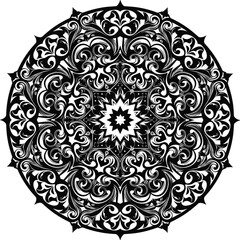 Intricate black and white mandala illustration, symmetrical circular pattern, detailed floral and ornamental design, spiritual meditation art, decorative geometric artwork