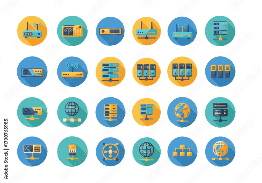 Wall mural collection of flat design icons representing various networking and computer hardware devices.