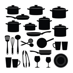 Collection of black kitchenware and tableware silhouettes on white background cooking utensil