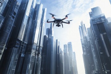 A drone hovers above a sprawling metropolis, showcasing sleek skyscrapers and modern architecture under a dusky sky. The urban landscape reflects innovative design and technology