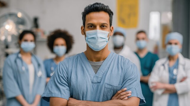 confident multiethnic male nurse in front of his medical team looking at camera wearing face mask during covid19 outbreak happy and proud indian young surgeon standing in front of his colleagues no l