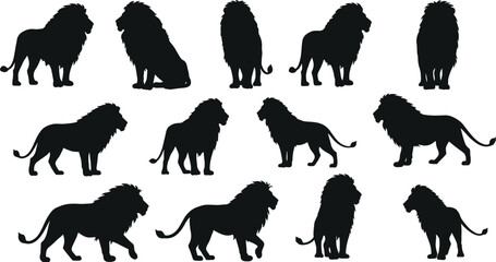 Lion silhouette set, wild animal vector pack, majestic big cats, black graphic icons, wildlife clipart, nature illustrations