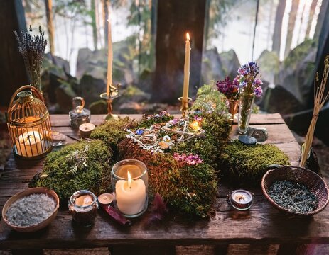 decorating a beltane altar with flowers candles and symbols of fertility
