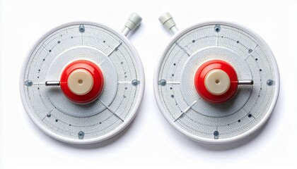 Recorder with two circular chart paper discs for measuring data. Scientific equipment isolated on a white background.