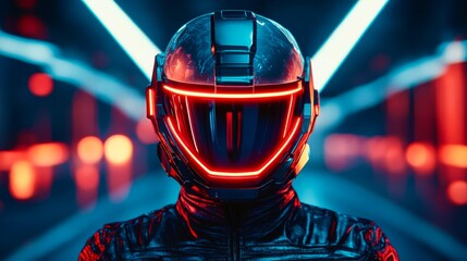 Cyber futuristic neon glowing racing helmet portrait