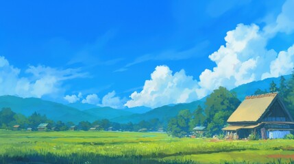 Rural Landscape with Traditional House and Lush Green Fields Under a Bright Blue Sky