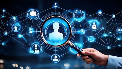 a magnifying glass over digital user icons and connections symbolizing data analysis