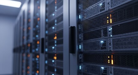 Modern Data Center Server Racks with Blinking Lights and Futuristic Glow