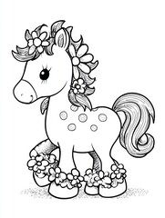 Fototapeta premium Cute Pony Adorned With Flowers and Polka Dots Standing Gracefully in a Cheerful Design Suitable for Childrens Coloring Activities