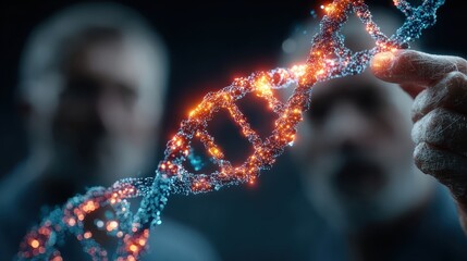 Two scientists observe a digital representation of a dna strand in a dark laboratory