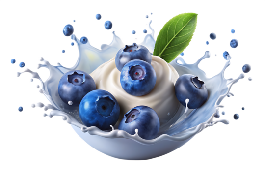 Blueberries milk splash isolated on a transparent background