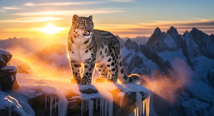 A majestic snow leopard stands proudly on a snow-covered rocky outcrop, bathed in the warm, golden light of a rising or setting sun amidst a breathtaking mountain landscape.