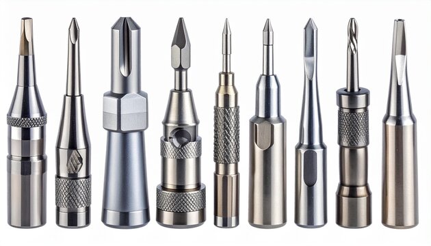 Soldering iron tips set for electronics repair. A collection of various metal bits for a soldering station on a white background.