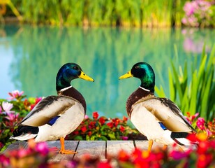 Fototapeta premium Two ducks face each other near a pond