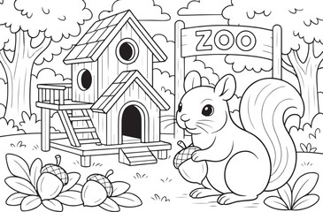 Fototapeta premium hand drawn vector doodle illustration of Squirrel House coloring page for kids line art